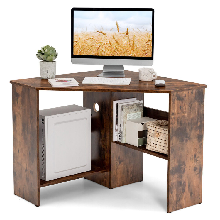 Corner Computer Desk Triangle Writing Workstation with Storage Shelf-Rustic BrownCostway Gallery View 11 of 14